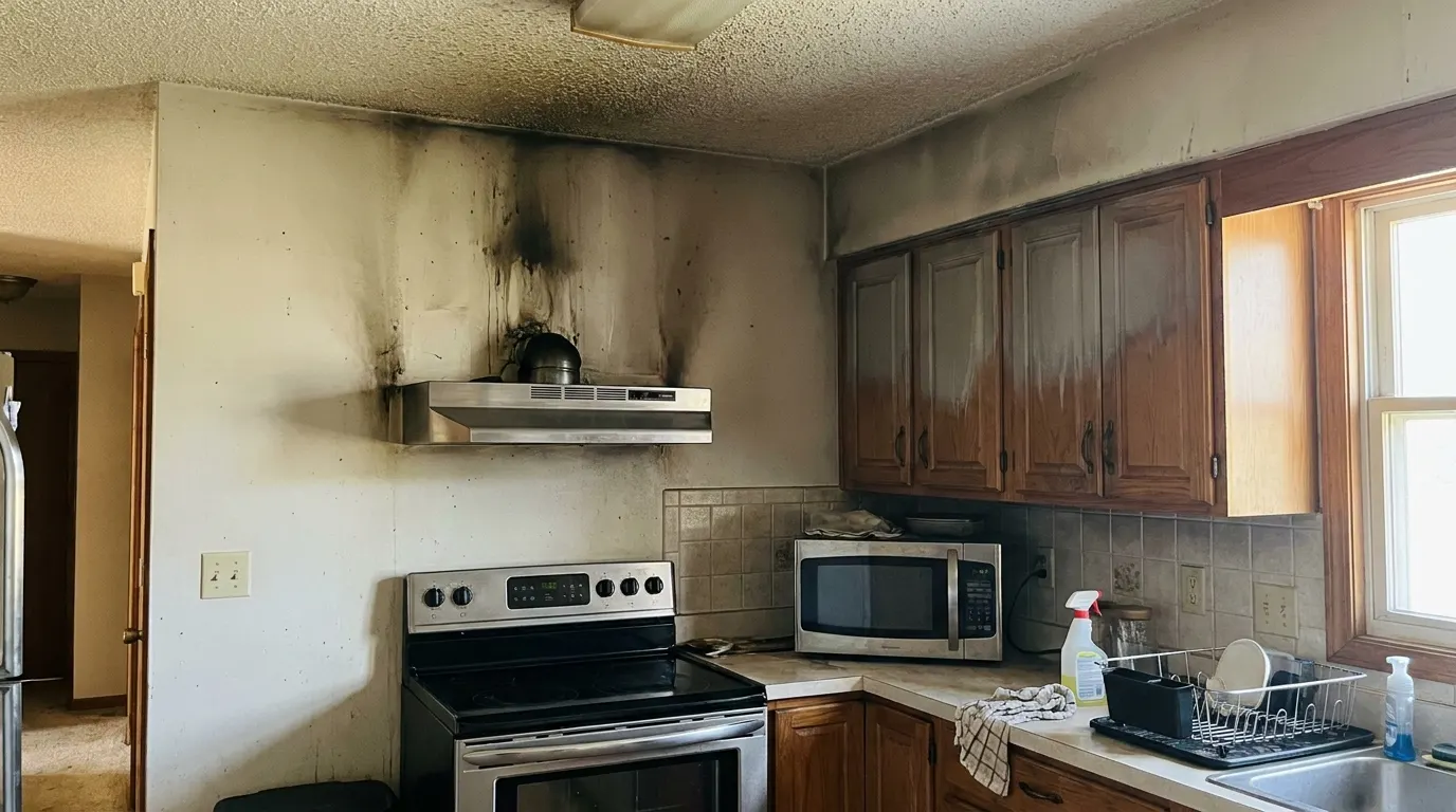 Kitchen with soot and smoke damage before restoration