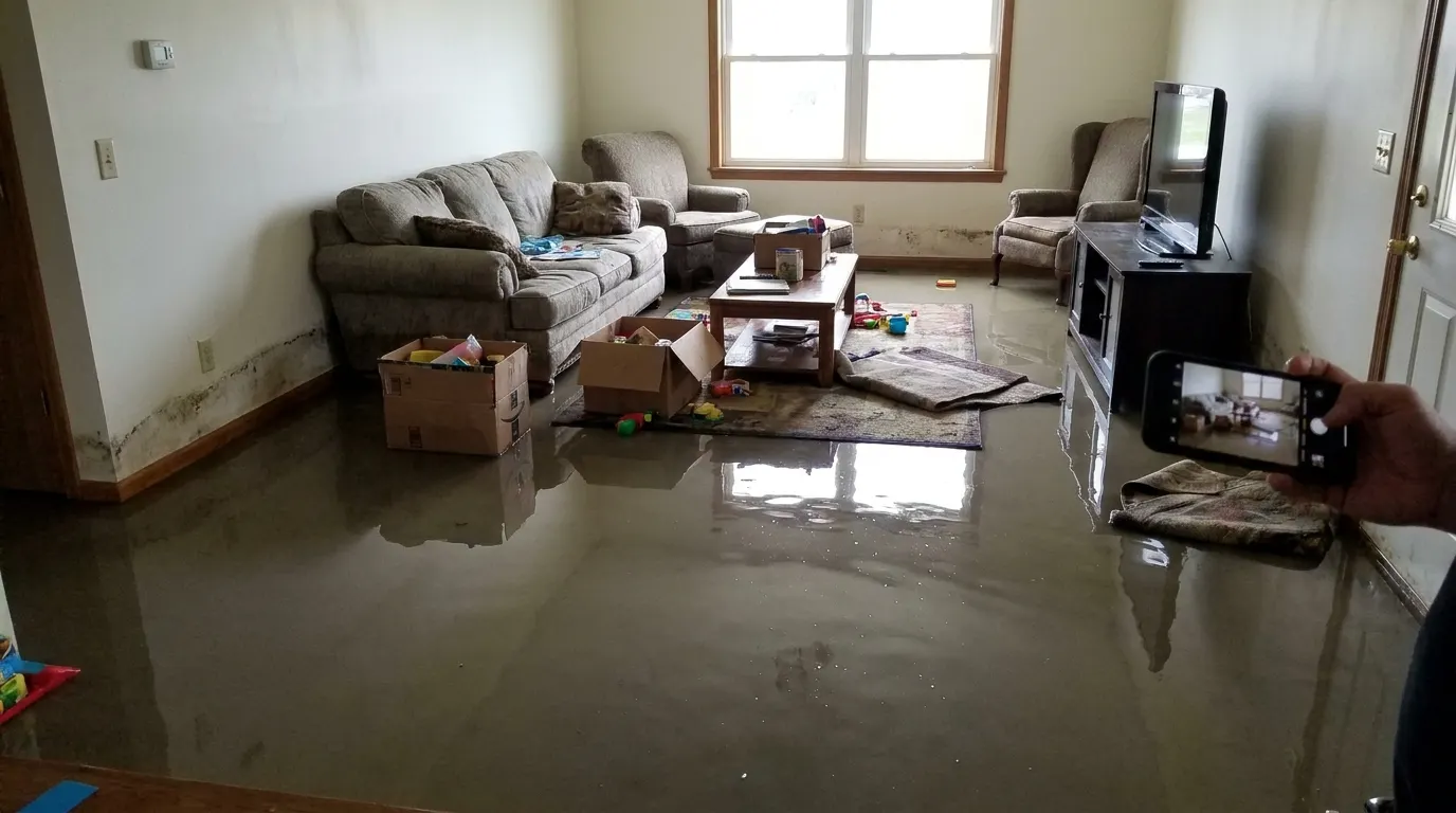 Flooded living room with standing water before restoration